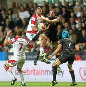 4 October 2013; Nick Williams, Ulster, catches a high ball ahead of Tyler Ardron, Ospreys. Celtic League 2013/14, Round 5, Ospreys v Ulster, Liberty Stadium, Swansea, Wales. Picture credit: Steve Pope / SPORTSFILE