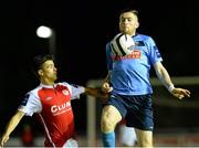 4 October 2013; Craig Walsh, UCD, in action against Jake Kelly, St. Patrick’s Athletic. Airtricity League Premier Division, UCD v St. Patrick’s Athletic, UCD Bowl, Belfield, Dublin. Picture credit: David Maher / SPORTSFILE