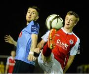 4 October 2013; Chris Forrester, St. Patrick’s Athletic, in action against Craig Walsh, UCD. Airtricity League Premier Division, UCD v St. Patrick’s Athletic, UCD Bowl, Belfield, Dublin. Picture credit: David Maher / SPORTSFILE