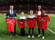 5 October 2013; World 50k Walk champion Robert Heffernan, his wife Marian and children Cathal, age 8, and Meghan, age 10, during the half-time break. Celtic League 2013/14, Round 5, Munster v Leinster, Thomond Park, Limerick. Picture credit: Stephen McCarthy / SPORTSFILE