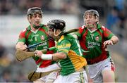 6 October 2013; Dan Currams, Kilcormac/Killoughey, in action against Rory Hanniffy, left, and Sean Ryan, Birr. Offaly County Senior Club Hurling Championship Final, Kilcormac/Killoughey v Birr, O'Connor Park, Tullamore, Co. Offaly. Picture credit: Stephen McCarthy / SPORTSFILE