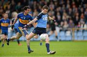 6 October 2013; Niall Mulligan, Longford Slashers, in action against John Sheridan, Dromard. Longford County Senior Club Football Championship Final, Longford Slashers v Dromard, Glennon Brothers Pearse Park, Longford. Picture credit: Matt Browne / SPORTSFILE