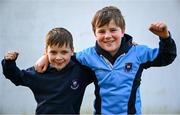 10 March 2025; St Michael's College supporters Niall Gibney, left, and Arnie O'Shea before the Bank of Ireland Leinster Rugby Boys Schools Junior Cup semi-final match between St Michael's College and Clongowes Wood College at Energia Park in Dublin. Photo by Shauna Clinton/Sportsfile