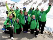 10 March 2025; Special Olympics Ireland coaches Jane McDonnell, Kay Smyth, Jill Sloan, Glyn Williamson and Sineád Costello, Head of Delegation, with Donal Brennan of Team Ireland, a member of Kilternan Karvers, Ballinteer, Dublin Lorraine Whelan of Team Ireland, a member of Kilternan Karvers, Delgany, Wicklow, Caolan McConville of Team Ireland, a member of Skiability Northern Ireland, Aghaghallon, Antrim, Clive Healy of Team Ireland, a member of Waterford Special Olympics Club, Waterford City, Maire Connelly of Team Ireland, a member of Kilternan Karvers, Clanbridge, Galway and Lucy Best of Team Ireland, a member of Skiability Northern Ireland, Balinderry, Antrim after their practice rounds in the Alpine Skiing event during day two of the Turin 2025 Special Olympics World Winter Games in Sestriere, Italy. Photo by Ray McManus/Sportsfile