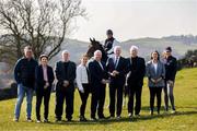 10 March 2025; Minister for State at the department of Agriculture, Food and the Marine Timmy Dooley, T.D, centre, joined HSI CEO, Denis Duggan, Head of Breeding, Innovation and Development, Dr. Sonja Egan along with, from left, Noel Barry, Banner Equestrian Centre, Tracey Doyle, Scarriff Show, Fiacre Hensey, Irish Draught Horse Society, Jenny Gaffney, Horse Sport Ireland, Mairead Carroll, Banner Equestrian Centre and Paul McDermott on &quot;Dilena&quot; at Banner Equestrian Centre, Co. Clare, to announce the allocation of €600,000 in Breeding Grant funds for 2025. Photo by Eamon Ward/Sportsfile
