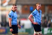 10 March 2025; St Michael's College captain Herbie Boyle, left, and team-mate Sam Kennedy during the Bank of Ireland Leinster Rugby Boys Schools Junior Cup semi-final match between St Michael's College and Clongowes Wood College at Energia Park in Dublin. Photo by Shauna Clinton/Sportsfile
