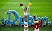 10 March 2025; Kansas State University and Iowa State University Cheerleader members, from left, Natalie Maxwell, Grace Krouse and Bailey Houston, alongside mascot Cy the Cyclone, at the Aviva Stadium Dublin as tickets for the 2025 Aer Lingus College Football Classic between Kansas State University and Iowa State University are on sale now at www.ticketmaster.ie/collegefootball. The fixture will take place at the Aviva Stadium, Dublin, on Saturday, 23rd August 2025 and limited tickets are available. Photo by Ramsey Cardy/Sportsfile