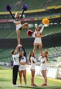 10 March 2025; Kansas State University cheerleader Katelyn Egan, is held aloft by Aron Castillo and Maddie Rose, alongside Iowa State University Cheerleader Natalie Maxwell, is held aloft by Grace Krouse and Bailey Houston, at the Aviva Stadium Dublin as tickets for the 2025 Aer Lingus College Football Classic between Kansas State University and Iowa State University are on sale now at www.ticketmaster.ie/collegefootball. The fixture will take place at the Aviva Stadium, Dublin, on Saturday, 23rd August 2025 and limited tickets are available. Photo by Ramsey Cardy/Sportsfile