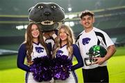 10 March 2025; Kansas State University Cheerleader members, from left, Maddie Rose, Katelyn Egan and Aron Castillo, alongside mascot Wille the Wildcat, at the Aviva Stadium Dublin as tickets for the 2025 Aer Lingus College Football Classic between Kansas State University and Iowa State University are on sale now at www.ticketmaster.ie/collegefootball. The fixture will take place at the Aviva Stadium, Dublin, on Saturday, 23rd August 2025 and limited tickets are available. Photo by Ramsey Cardy/Sportsfile