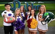 10 March 2025; Kansas State University and Iowa State University Cheerleader members, from left, Aron Castillo, Katelyn Egan, Maddie Rose, Natalie Maxwell, Grace Krouse and Bailey Houston at the Aviva Stadium Dublin as tickets for the 2025 Aer Lingus College Football Classic between Kansas State University and Iowa State University are on sale now at www.ticketmaster.ie/collegefootball. The fixture will take place at the Aviva Stadium, Dublin, on Saturday, 23rd August 2025 and limited tickets are available. Photo by Ramsey Cardy/Sportsfile