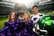 10 March 2025; Kansas State University Cheerleader members, from left, Maddie Rose, Katelyn Egan and Aron Castillo, alongside mascot Wille the Wildcat, at the Aviva Stadium Dublin as tickets for the 2025 Aer Lingus College Football Classic between Kansas State University and Iowa State University are on sale now at www.ticketmaster.ie/collegefootball. The fixture will take place at the Aviva Stadium, Dublin, on Saturday, 23rd August 2025 and limited tickets are available. Photo by Ramsey Cardy/Sportsfile