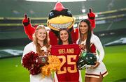 10 March 2025; Iowa State University Cheerleader members, from left, Bailey Houston, Grace Krouse and Natalie Maxwell, alongside mascot Cy the Cyclone, at the Aviva Stadium Dublin as tickets for the 2025 Aer Lingus College Football Classic between Kansas State University and Iowa State University are on sale now at www.ticketmaster.ie/collegefootball. The fixture will take place at the Aviva Stadium, Dublin, on Saturday, 23rd August 2025 and limited tickets are available. Photo by Ramsey Cardy/Sportsfile