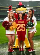 10 March 2025; Iowa State University Cheerleader members, from left, Bailey Houston, Grace Krouse and Natalie Maxwell, alongside mascot Cy the Cyclone, at the Aviva Stadium Dublin as tickets for the 2025 Aer Lingus College Football Classic between Kansas State University and Iowa State University are on sale now at www.ticketmaster.ie/collegefootball. The fixture will take place at the Aviva Stadium, Dublin, on Saturday, 23rd August 2025 and limited tickets are available. Photo by Ramsey Cardy/Sportsfile