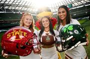 10 March 2025; Iowa State University Cheerleader members, from left, Bailey Houston, Grace Krouse and Natalie Maxwell, alongside mascot Cy the Cyclone, at the Aviva Stadium Dublin as tickets for the 2025 Aer Lingus College Football Classic between Kansas State University and Iowa State University are on sale now at www.ticketmaster.ie/collegefootball. The fixture will take place at the Aviva Stadium, Dublin, on Saturday, 23rd August 2025 and limited tickets are available. Photo by Ramsey Cardy/Sportsfile