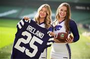 10 March 2025; Kansas State University Cheerleader members Katelyn Egan, left, and Maddie Rose at the Aviva Stadium Dublin as tickets for the 2025 Aer Lingus College Football Classic between Kansas State University and Iowa State University are on sale now at www.ticketmaster.ie/collegefootball. The fixture will take place at the Aviva Stadium, Dublin, on Saturday, 23rd August 2025 and limited tickets are available. Photo by Ramsey Cardy/Sportsfile