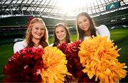 10 March 2025; Iowa State University Cheerleader members, from left, Bailey Houston, Grace Krouse and Natalie Maxwell, at the Aviva Stadium Dublin as tickets for the 2025 Aer Lingus College Football Classic between Kansas State University and Iowa State University are on sale now at www.ticketmaster.ie/collegefootball. The fixture will take place at the Aviva Stadium, Dublin, on Saturday, 23rd August 2025 and limited tickets are available. Photo by Ramsey Cardy/Sportsfile