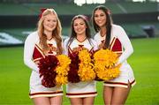 10 March 2025; Iowa State University Cheerleader members, from left, Bailey Houston, Grace Krouse and Natalie Maxwell, at the Aviva Stadium Dublin as tickets for the 2025 Aer Lingus College Football Classic between Kansas State University and Iowa State University are on sale now at www.ticketmaster.ie/collegefootball. The fixture will take place at the Aviva Stadium, Dublin, on Saturday, 23rd August 2025 and limited tickets are available. Photo by Ramsey Cardy/Sportsfile
