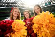 10 March 2025; Iowa State University Cheerleader members, from left, Bailey Houston, Grace Krouse and Natalie Maxwell, at the Aviva Stadium Dublin as tickets for the 2025 Aer Lingus College Football Classic between Kansas State University and Iowa State University are on sale now at www.ticketmaster.ie/collegefootball. The fixture will take place at the Aviva Stadium, Dublin, on Saturday, 23rd August 2025 and limited tickets are available. Photo by Ramsey Cardy/Sportsfile