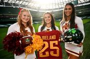 10 March 2025; Iowa State University Cheerleader members, from left, Bailey Houston, Grace Krouse and Natalie Maxwell, at the Aviva Stadium Dublin as tickets for the 2025 Aer Lingus College Football Classic between Kansas State University and Iowa State University are on sale now at www.ticketmaster.ie/collegefootball. The fixture will take place at the Aviva Stadium, Dublin, on Saturday, 23rd August 2025 and limited tickets are available. Photo by Ramsey Cardy/Sportsfile
