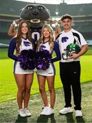 10 March 2025; Kansas State University Cheerleader members, from left, Maddie Rose, Katelyn Egan and Aron Castillo, alongside mascot Wille the Wildcat, at the Aviva Stadium Dublin as tickets for the 2025 Aer Lingus College Football Classic between Kansas State University and Iowa State University are on sale now at www.ticketmaster.ie/collegefootball. The fixture will take place at the Aviva Stadium, Dublin, on Saturday, 23rd August 2025 and limited tickets are available. Photo by Ramsey Cardy/Sportsfile