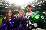 10 March 2025; Kansas State University Cheerleader members, from left, Maddie Rose, Katelyn Egan and Aron Castillo, alongside mascot Wille the Wildcat, at the Aviva Stadium Dublin as tickets for the 2025 Aer Lingus College Football Classic between Kansas State University and Iowa State University are on sale now at www.ticketmaster.ie/collegefootball. The fixture will take place at the Aviva Stadium, Dublin, on Saturday, 23rd August 2025 and limited tickets are available. Photo by Ramsey Cardy/Sportsfile