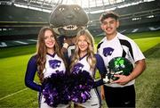 10 March 2025; Kansas State University Cheerleader members, from left, Maddie Rose, Katelyn Egan and Aron Castillo, alongside mascot Wille the Wildcat, at the Aviva Stadium Dublin as tickets for the 2025 Aer Lingus College Football Classic between Kansas State University and Iowa State University are on sale now at www.ticketmaster.ie/collegefootball. The fixture will take place at the Aviva Stadium, Dublin, on Saturday, 23rd August 2025 and limited tickets are available. Photo by Ramsey Cardy/Sportsfile