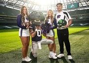 10 March 2025; Kansas State University Cheerleader members, from left, Maddie Rose, Katelyn Egan and Aron Castillo, alongside mascot Wille the Wildcat, at the Aviva Stadium Dublin as tickets for the 2025 Aer Lingus College Football Classic between Kansas State University and Iowa State University are on sale now at www.ticketmaster.ie/collegefootball. The fixture will take place at the Aviva Stadium, Dublin, on Saturday, 23rd August 2025 and limited tickets are available. Photo by Ramsey Cardy/Sportsfile