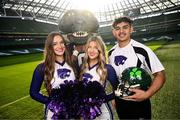 10 March 2025; Kansas State University Cheerleader members, from left, Maddie Rose, Katelyn Egan and Aron Castillo, alongside mascot Wille the Wildcat, at the Aviva Stadium Dublin as tickets for the 2025 Aer Lingus College Football Classic between Kansas State University and Iowa State University are on sale now at www.ticketmaster.ie/collegefootball. The fixture will take place at the Aviva Stadium, Dublin, on Saturday, 23rd August 2025 and limited tickets are available. Photo by Ramsey Cardy/Sportsfile