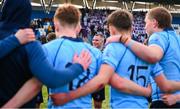 10 March 2025; St Michael's College captain Herbie Boyle, centre, after his side's victory in the Bank of Ireland Leinster Rugby Boys Schools Junior Cup semi-final match between St Michael's College and Clongowes Wood College at Energia Park in Dublin. Photo by Shauna Clinton/Sportsfile