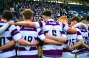 10 March 2025; Clongowes Wood College players huddle after their side's defeat in the Bank of Ireland Leinster Rugby Boys Schools Junior Cup semi-final match between St Michael's College and Clongowes Wood College at Energia Park in Dublin. Photo by Shauna Clinton/Sportsfile