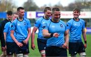 10 March 2025; St Michael's College captain Herbie Boyle, second from right, after his side's victory in the Bank of Ireland Leinster Rugby Boys Schools Junior Cup semi-final match between St Michael's College and Clongowes Wood College at Energia Park in Dublin. Photo by Shauna Clinton/Sportsfile
