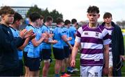 10 March 2025; Philip Kenny of Clongowes Wood College dejected after his side's defeat in the Bank of Ireland Leinster Rugby Boys Schools Junior Cup semi-final match between St Michael's College and Clongowes Wood College at Energia Park in Dublin. Photo by Shauna Clinton/Sportsfile