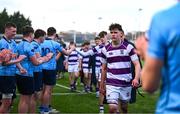 10 March 2025; Philip Kenny of Clongowes Wood College dejected after his side's defeat in the Bank of Ireland Leinster Rugby Boys Schools Junior Cup semi-final match between St Michael's College and Clongowes Wood College at Energia Park in Dublin. Photo by Shauna Clinton/Sportsfile