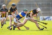 9 March 2025; Mikey Carey, right, and Billy Drennan of Kilkenny in action against Sam O’Farrell of Tipperary during the Allianz Hurling League Division 1A match between Kilkenny and Tipperary at UPMC Nowlan Park in Kilkenny. Photo by Stephen McCarthy/Sportsfile