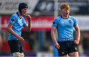 10 March 2025; St Michael's College players Harry McCafferty, left, and David Fingleton during the Bank of Ireland Leinster Rugby Boys Schools Junior Cup semi-final match between St Michael's College and Clongowes Wood College at Energia Park in Dublin. Photo by Shauna Clinton/Sportsfile