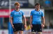10 March 2025; St Michael's College players, Harry McCafferty, left, and Dara Elliott during the Bank of Ireland Leinster Rugby Boys Schools Junior Cup semi-final match between St Michael's College and Clongowes Wood College at Energia Park in Dublin. Photo by Shauna Clinton/Sportsfile