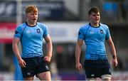 10 March 2025; St Michael's College players, Harry McCafferty, left, and Dara Elliott during the Bank of Ireland Leinster Rugby Boys Schools Junior Cup semi-final match between St Michael's College and Clongowes Wood College at Energia Park in Dublin. Photo by Shauna Clinton/Sportsfile