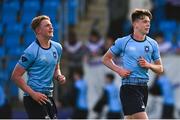 10 March 2025; Mark McNally of St Michael's College, right, and team-mate Oliver Maybury during the Bank of Ireland Leinster Rugby Boys Schools Junior Cup semi-final match between St Michael's College and Clongowes Wood College at Energia Park in Dublin. Photo by Shauna Clinton/Sportsfile