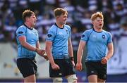 10 March 2025; St Michael's College players, from left, Joshua Neville, Oliver Maybury and Harry McCafferty during the Bank of Ireland Leinster Rugby Boys Schools Junior Cup semi-final match between St Michael's College and Clongowes Wood College at Energia Park in Dublin. Photo by Shauna Clinton/Sportsfile