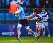 10 March 2025; Oliver Maybury of St Michael's College is tackled by Shaun Priede of Clongowes Wood College during the Bank of Ireland Leinster Rugby Boys Schools Junior Cup semi-final match between St Michael's College and Clongowes Wood College at Energia Park in Dublin. Photo by Shauna Clinton/Sportsfile