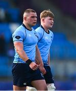 10 March 2025; St Michael's College captain Herbie Boyle, left, and team-mate Oliver Maybury during the Bank of Ireland Leinster Rugby Boys Schools Junior Cup semi-final match between St Michael's College and Clongowes Wood College at Energia Park in Dublin. Photo by Shauna Clinton/Sportsfile
