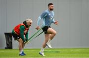 11 March 2025; Robbie Henshaw and Head of athletic performance Aled Walters during an Ireland Rugby squad training session at IRFU High Performance Centre in Dublin. Photo by Ramsey Cardy/Sportsfile