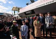 11 March 2025: Family of Michael O’Sullivan and jockeys observe a minute’s silence prior to racing on day one of the Cheltenham Racing Festival at Prestbury Park in Cheltenham, England. Photo by Harry Murphy/Sportsfile