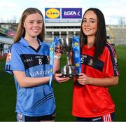 11 March 2025; At the Lidl All-Ireland Junior Post-Primary Schools Finals Captains day, held in Croke Park, Dublin, are Cara McMoran of St Patrick's Academy, Dungannon, Tyrone, left, and Cara O'Brien of St Mary's Secondary School, Macroom, Cork, ahead of their Lidl All-Ireland Post Primary School Junior ‘B’ Championship Final. Photo by Stephen McCarthy/Sportsfile