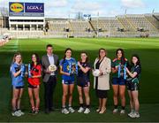 11 March 2025; At the Lidl All-Ireland Junior Post-Primary Schools Finals Captains day, held in Croke Park, Dublin, are Ladies Gaelic Football Association President, Trina Murray; and Robert Ryan, CEO Lidl Ireland; with players, from left, Cara McMoran of St Patrick's Academy, Dungannon, Tyrone, and Cara O'Brien of St Mary's Secondary School, Macroom, Cork, ahead of their Lidl All-Ireland Post Primary School Junior ‘B’ Championship Final; Alice Butler of Ursuline Secondary School, Thurles, Tipperary, and Áine Bracken of Moate Community School, Westmeath, ahead of their Lidl All-Ireland Post Primary School Junior ‘A’ Championship Final; and Isabelle O'Brien of Scoil Mhuire agus Íde, Limerick, and Caoimhe Brady of Bailieborough Community School, Cavan, ahead of their Lidl All-Ireland Post Primary School Junior ‘C’ Championship Final. Photo by Stephen McCarthy/Sportsfile