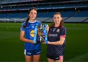 11 March 2025; At the Lidl All-Ireland Junior Post-Primary Schools Finals Captains day, held in Croke Park, Dublin, are Alice Butler of Ursuline Secondary School, Thurles, Tipperary, left, and Áine Bracken of Moate Community School, Westmeath, ahead of their Lidl All-Ireland Post Primary School Junior ‘A’ Championship Final. Photo by Stephen McCarthy/Sportsfile