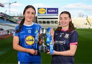11 March 2025; At the Lidl All-Ireland Junior Post-Primary Schools Finals Captains day, held in Croke Park, Dublin, are Alice Butler of Ursuline Secondary School, Thurles, Tipperary, left, and Áine Bracken of Moate Community School, Westmeath, ahead of their Lidl All-Ireland Post Primary School Junior ‘A’ Championship Final. Photo by Stephen McCarthy/Sportsfile
