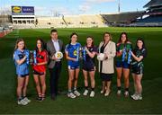 11 March 2025; At the Lidl All-Ireland Junior Post-Primary Schools Finals Captains day, held in Croke Park, Dublin, are Ladies Gaelic Football Association President, Trina Murray; and Robert Ryan, CEO Lidl Ireland; with players, from left, Cara McMoran of St Patrick's Academy, Dungannon, Tyrone, and Cara O'Brien of St Mary's Secondary School, Macroom, Cork, ahead of their Lidl All-Ireland Post Primary School Junior ‘B’ Championship Final; Alice Butler of Ursuline Secondary School, Thurles, Tipperary, and Áine Bracken of Moate Community School, Westmeath, ahead of their Lidl All-Ireland Post Primary School Junior ‘A’ Championship Final; and Isabelle O'Brien of Scoil Mhuire agus Íde, Limerick, and Caoimhe Brady of Bailieborough Community School, Cavan, ahead of their Lidl All-Ireland Post Primary School Junior ‘C’ Championship Final. Photo by Stephen McCarthy/Sportsfile