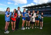 11 March 2025; At the Lidl All-Ireland Junior Post-Primary Schools Finals Captains day, held in Croke Park, Dublin, are Ladies Gaelic Football Association President, Trina Murray; and Robert Ryan, CEO Lidl Ireland; with players, from left, Cara McMoran of St Patrick's Academy, Dungannon, Tyrone, and Cara O'Brien of St Mary's Secondary School, Macroom, Cork, ahead of their Lidl All-Ireland Post Primary School Junior ‘B’ Championship Final; Alice Butler of Ursuline Secondary School, Thurles, Tipperary, and Áine Bracken of Moate Community School, Westmeath, ahead of their Lidl All-Ireland Post Primary School Junior ‘A’ Championship Final; and Isabelle O'Brien of Scoil Mhuire agus Íde, Limerick, and Caoimhe Brady of Bailieborough Community School, Cavan, ahead of their Lidl All-Ireland Post Primary School Junior ‘C’ Championship Final. Photo by Stephen McCarthy/Sportsfile