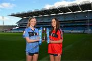 11 March 2025; At the Lidl All-Ireland Junior Post-Primary Schools Finals Captains day, held in Croke Park, Dublin, are Cara McMoran of St Patrick's Academy, Dungannon, Tyrone, left, and Cara O'Brien of St Mary's Secondary School, Macroom, Cork, ahead of their Lidl All-Ireland Post Primary School Junior ‘B’ Championship Final. Photo by Stephen McCarthy/Sportsfile